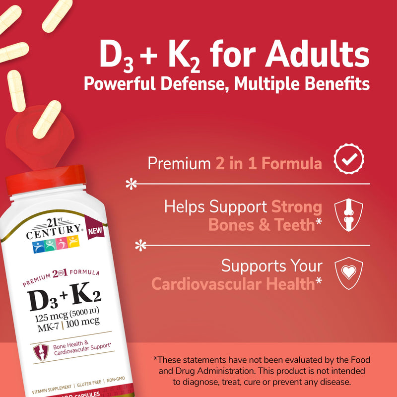 21st Century Vitamin D3 125 mcg (5000 IU) + K2 100 mcg Capsules, 120 Count, Bone, Teeth & Heart Support, Non-GMO, Milk, Lactose, Soy, Wheat, & Gluten Free