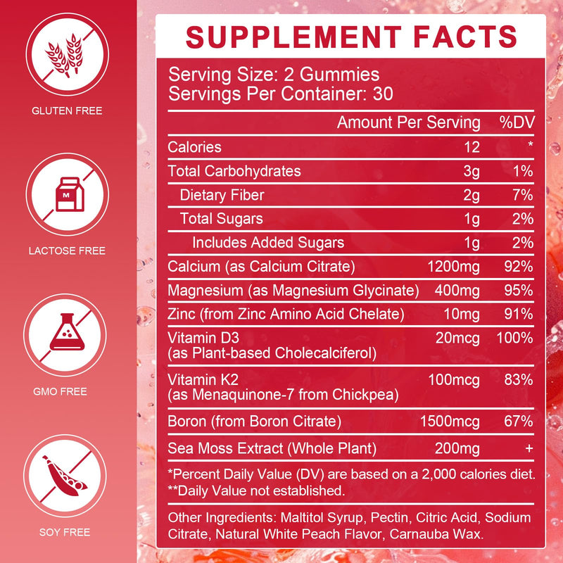 Calcium Citrate 1200mg Gummies with Vitamin D3 K2 for Women, 60Ct (3Pack) | WOGORGT - Chewable Calcium Citrate Gummies Supplement with Magnesium, D3, K2 & Sea Moss Extract, Bone Support, Peach Flavor 60 Count (Pack of 3)