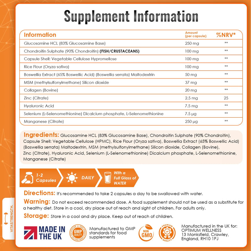 Glucosamine and Chondroitin Complex – 180 High Strength Capsules with MSM, Collagen, Hyaluronic Acid and Boswellia – Contributes to The Maintenance of Normal Immune System – Made in UK