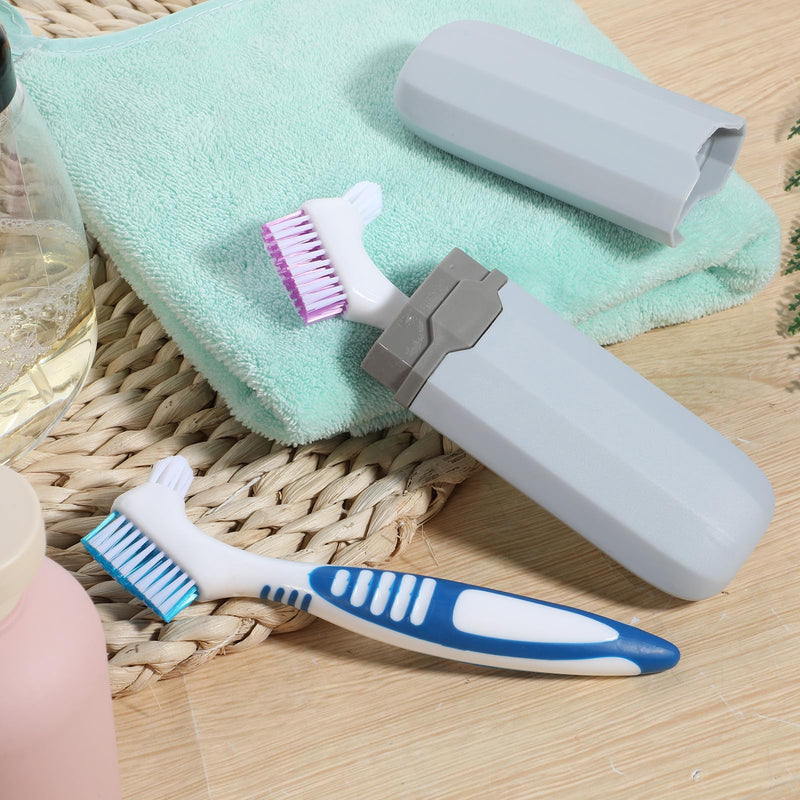 [Australia] - 2 Pcs Denture Brush, Denture Toothbrush with Case Double Sided Denture Cleaning Brush Retainer Brush, Multi-Layered Soft Bristles and Rubber Anti-Slip Handle for Denture Clean Teeth Maintenance 