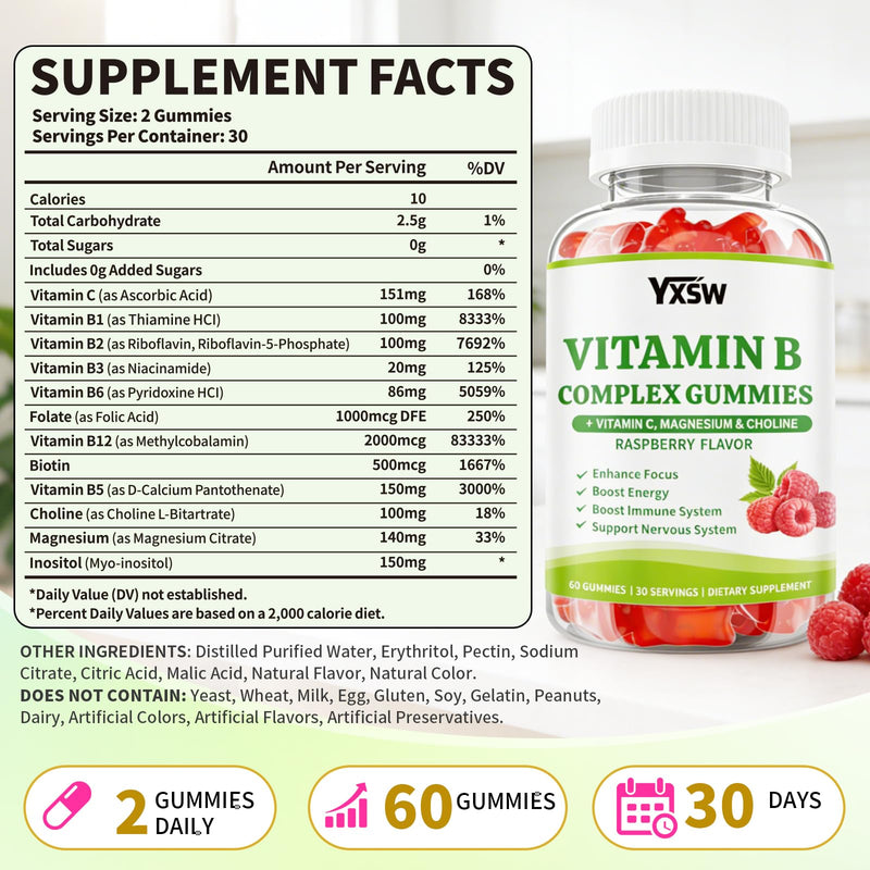 Vitamin B Complex Gummies for Women & Men - Vitamin B12, B1, B2, B3, B5 & B6 -B Complex Vitamin Supplements with Vitamin C,Magnesium & Choline, Raspberry Flavor, 60 Count 60 Count (Pack of 1)