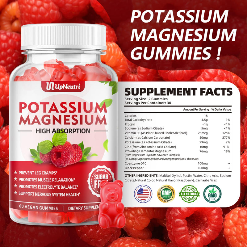 [Australia] - Potassium Magnesium Supplement Gummies for Adults Kids, Sugar-Free Potassium Gummies Supports Leg Cramps & Muscle & Immune Health, High Absorption Magnesium Gummies Raspberry Flavor 120 Cts 60 Count (Pack of 2) 