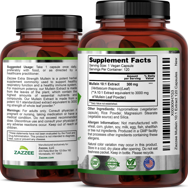 Zazzee Extra Strength Mullein Leaf 10:1 Extract, 120 Vegan Capsules | 4 Month Supply, Respiratory & Lung Support, Certified Kosher, 100% Pure Leaf Powder, Verbascum Thapsus, Non-GMO, Made in USA 120 Count
