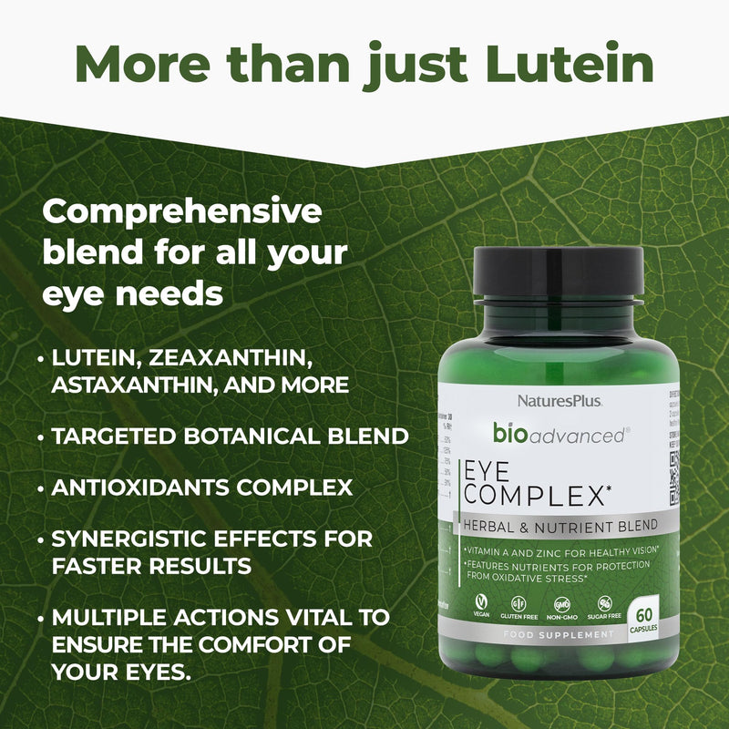 NaturesPlus Bio Advanced Eye Complex - Vision and Eye Supplement, Tired and Dry Eyes, Blue Lights, Antioxidants - Lutein, Vitamin A, C, E, Zinc, Botanicals - Vegan, Gluten-Free - 60 Capsules