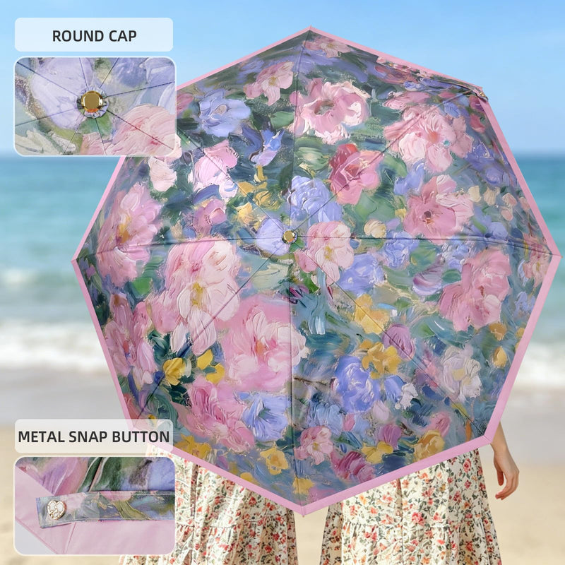 Elegant Double Layer Classical Floral Oil Painting Folding Umbrella for Women Windproof Rain & Sun UV Protection Parasol with Cover Blush of the Rose Briar