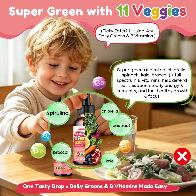 Vitamin B Complex for Kids with B1, B6, B9, B12 & Magnesium, Super Greens, Kids B Complex Supplement for Brain Support, Energy & Focus, Digestive Gut & Immune Support, Strawberry Flavor, 2 fl oz