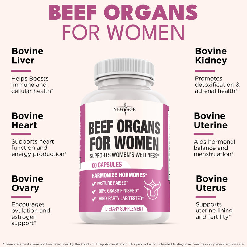 [Australia] - NEW AGE Beef Organ Supplement for Women - Beef Liver, Kidney, Heart and Uterus Tissue, Supports Women's Overall Energy and Health - Pasture Raised, Grass Fed - No Fillers - 120 Capsules 60 Count (Pack of 2) 