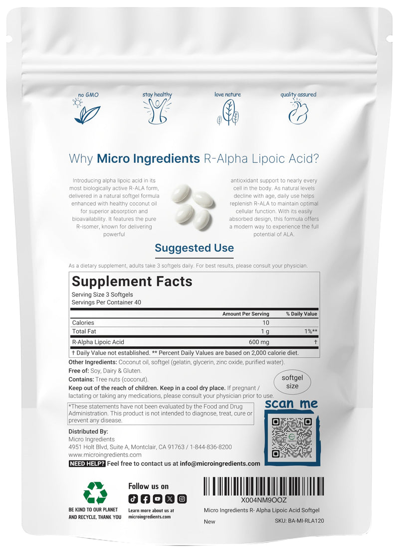 [Australia] - R Alpha Lipoic Acid 600mg with Coconut Oil, 120 Softgels | Highly Bioavailable Active Form | ALA Supplement for Antioxidants, Nerve, Heart, & Liver Support | Non-GMO, Gluten Free, No Soy 
