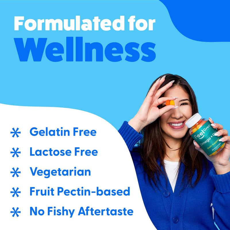 Feel Great Omega 3 6 9 + DHA Gummies for Kids & Adults, Vegetarian, 60ct | Plant-Based Omega 3 6 9 + DHA for Brain & Immune Support, Vitamin C & Chia, Fish Oil Alternative, Vegetarian, Gluten-Free