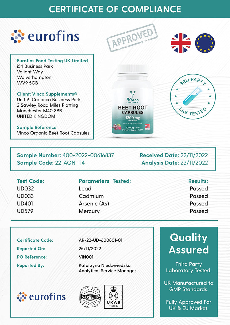 Vinco Beetroot Capsules - 1200mg Organic BeetRoot Powder Per Serving - UK-Made, Non-GMO, Gluten-Free, Vegan Food Beet Root Supplements - Support Blood Pressure, Digestion, Immune System - 200 Capsules