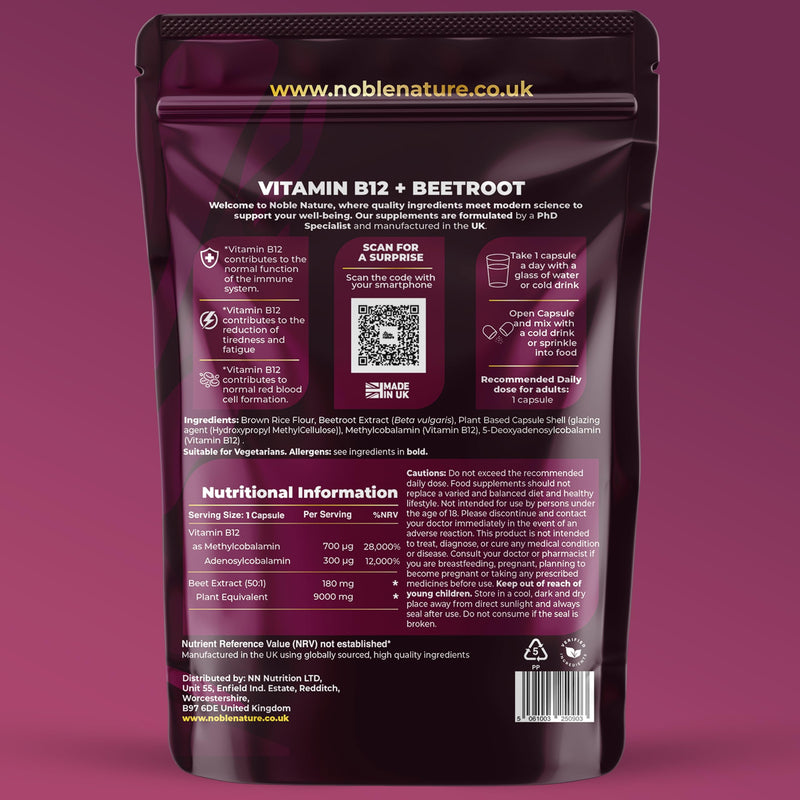 Beetroot & Vitamin B12 Complex – 9000mg Beetroot + 1000mcg Dual B12 (Methylcobalamin & Adenosylcobalamin) – Energy & Immune Support – 90 Capsules – UK Made (90) 1