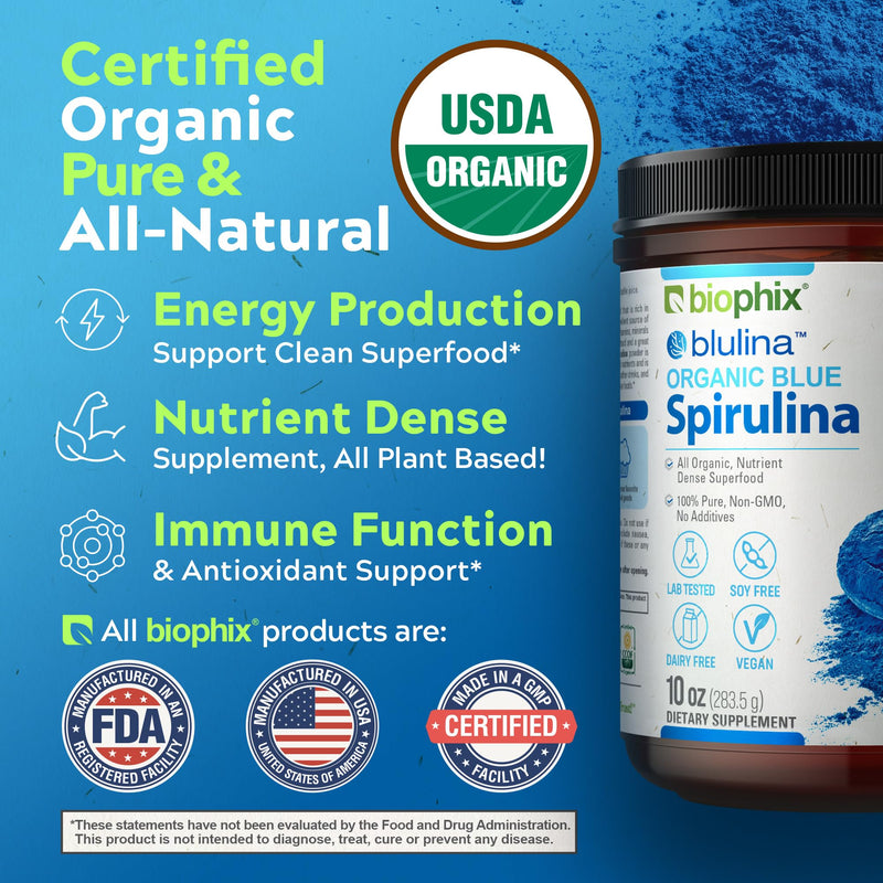 [Australia] - biophix Blue Spirulina Powder Organic Blulina 10 oz - Algae Organic Spirulina Powder 283 Servings - Superfood Supplement - Natural Blue Pigment - Espirulina en Polvo Organica Pura Azul 10 Ounce (Pack of 1) 
