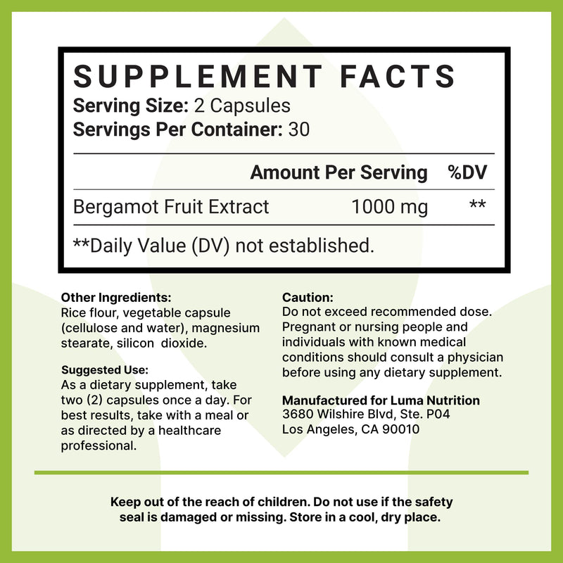 [Australia] - Luma Nutrition Citrus Bergamot 1000mg - Citrus Bergamot Supplement - Made in The USA - Veteran Owned - 60 Capsules 