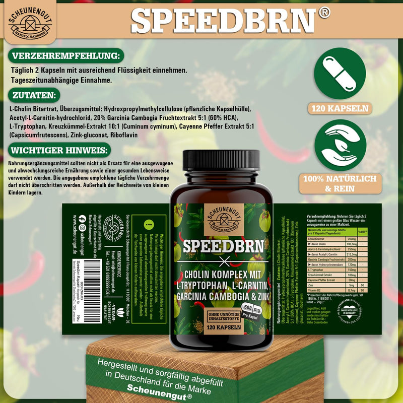 [Australia] - SPEEDBRN® -metabolism formula- IMPORTANT: Laboratory-tested treatment with choline, L-carnitine, garcinia cambogia, L-tryptophan, zinc and more I 120 capsules high dose -DE- SCHEUNENGUT® 