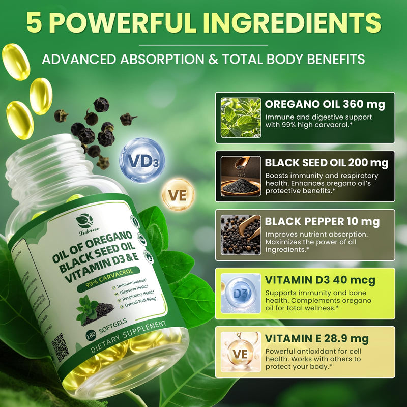 [Australia] - Oregano Oil Capsules Organic, 5-IN-1 with Black Seed Oil, Vitamins D3 & E, Black Pepper for Enhanced Absorption, 99% Carvacrol ‚Äì Immune, Respiratory & Digestive*‚Äì180 Caps, 3 Months Supply, Non-GMO 180 Count (Pack of 1) 
