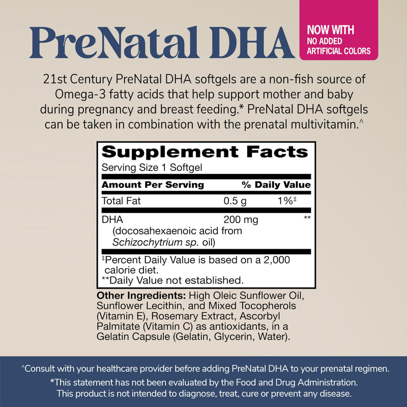 21st Century Prenatal DHA Softgels for Pregnancy & Nursing, 30 Count | Prenatal DHA omega-3 From A Non-Fish Source, Pregnancy & Nursing, Gluten Free Softgels, Gentle Everyday Support