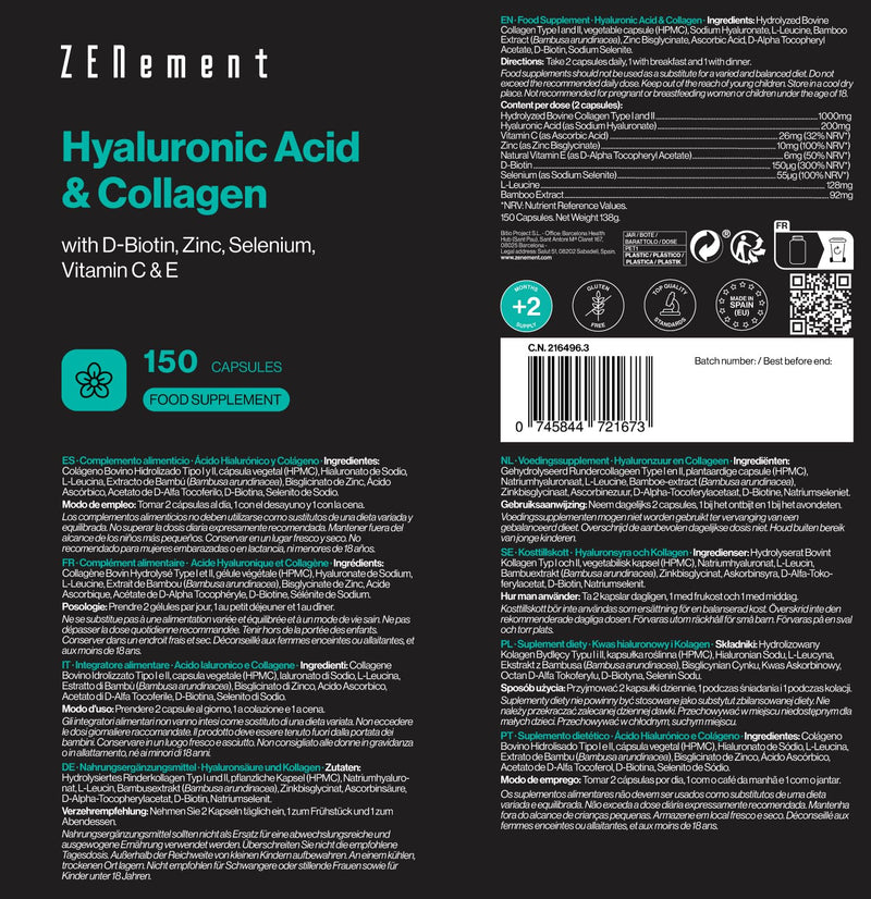 Hyaluronic Acid & Collagen with Biotin, Zinc, Selenium, Vitamins C & E - 150 Capsules - for Skin, Joints and Bones - 1000 mg Collagen + 200 mg Hyaluronic Acid per Serving - Zenement