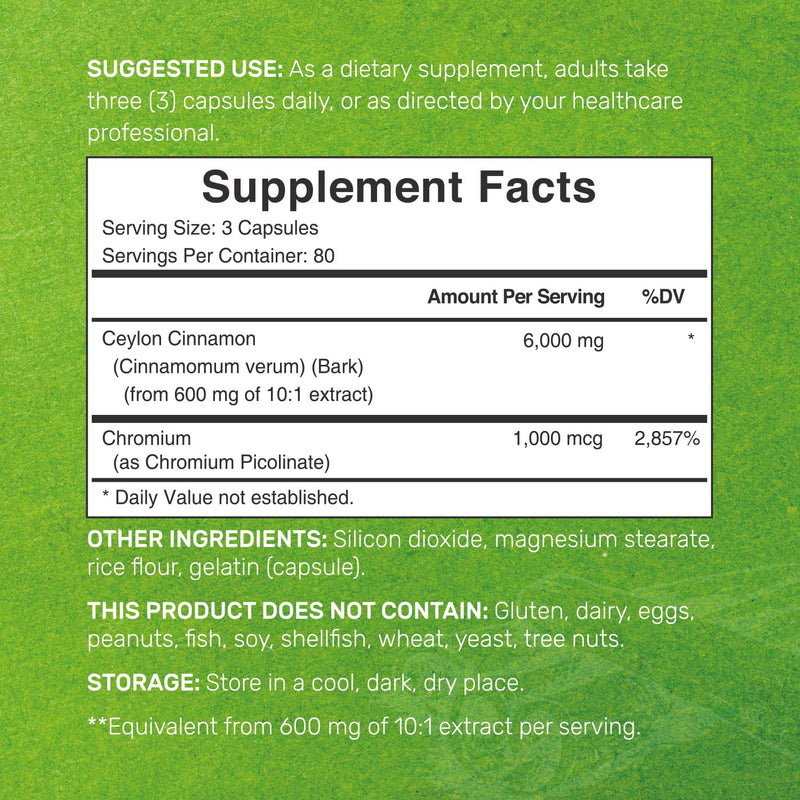 [Australia] - Ceylon Cinnamon 6000mg with Chromium 1000mcg, 240 Capsules | Active Inner Bark Extract, True Sri Lanka Source | Natural Cinnamon Supplements 