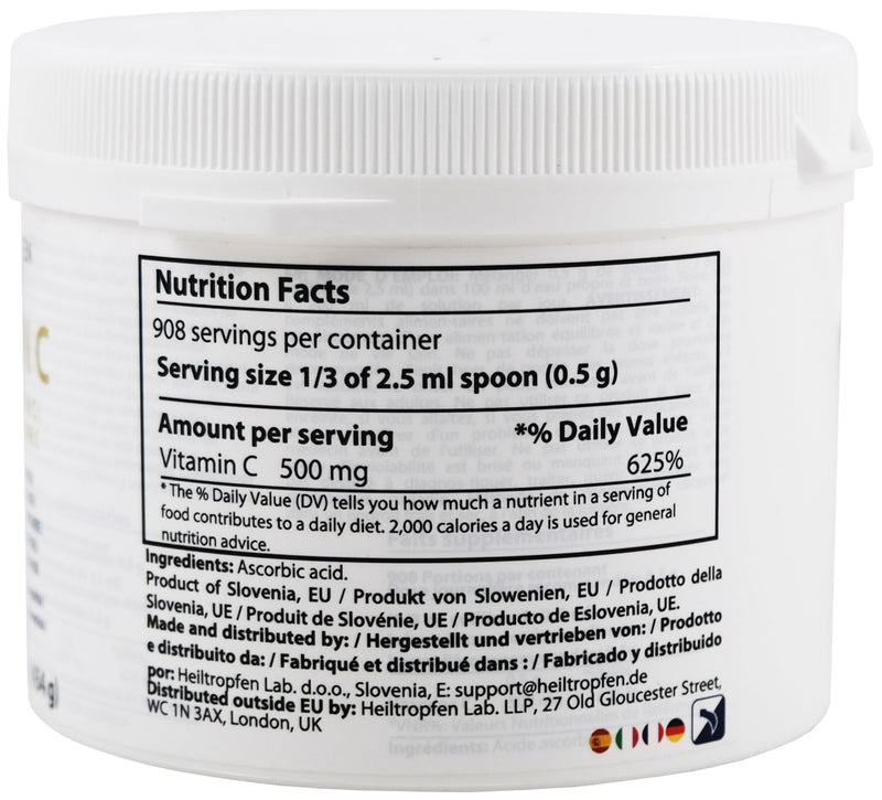 Pure Ascorbic Acid fine crystalline Powder | 1 Pound - 454 g | Vitamin C | Pharma Ingredients (Ph. EUR., USP, BP) | Third-Party Tested | Heiltropfen®