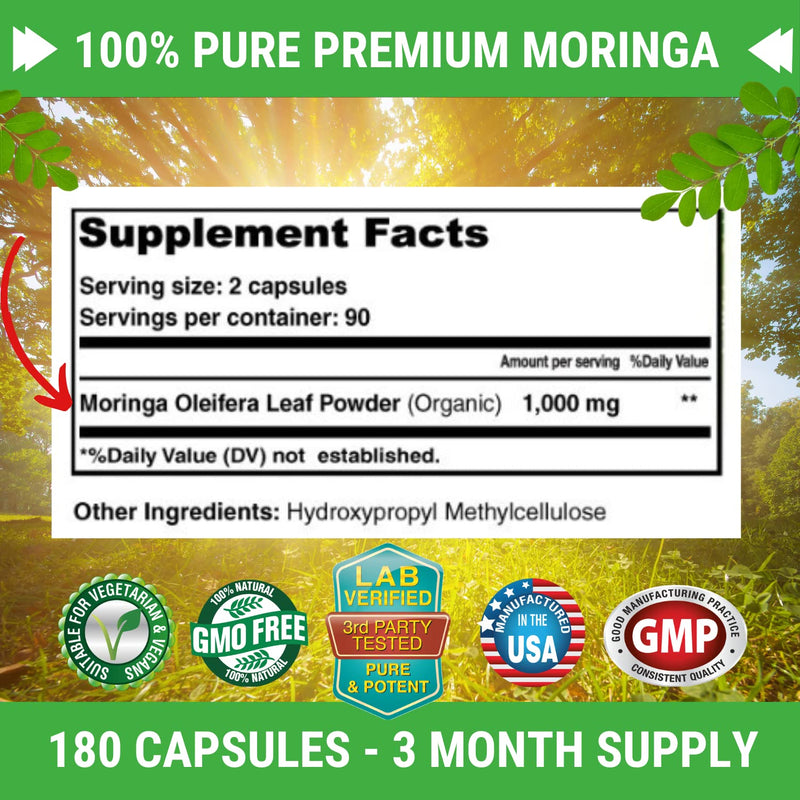 [Australia] - FRESH HEALTHCARE Moringa Oleifera 180 Capsules – 100% Pure Leaf Powder - 3 Month Supply - Non GMO and Gluten Free - Complete Green Superfood Supplement - Energy, Metabolism and Immune Support 