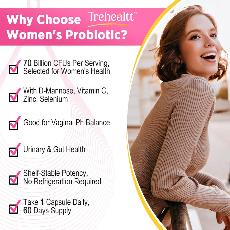 70 Billion CFUs Vaginal Probiotics, PH Balance with Probiotic & Prebiotic | Women Probioticos with D-Mannose, for Odor & Flora, Yeast, Urinary Health, Vegan, 60 Capsules