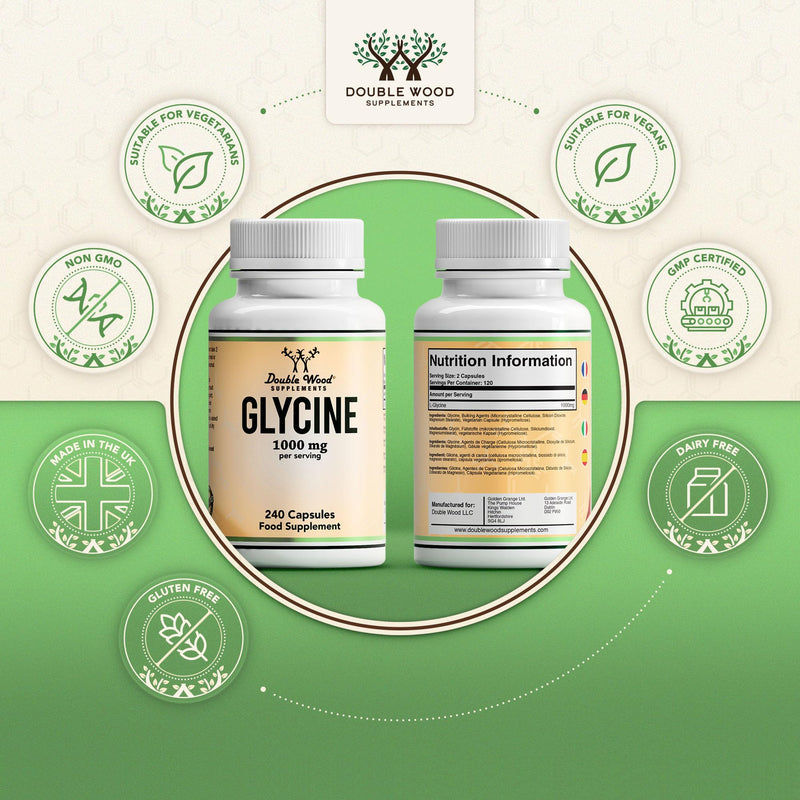 Double Wood Glycine Supplement | 240 High Strength Glycine Capsules - 1000mg per Serving | Amino Acid Supplement | Non-GMO & Gluten | Manufactured in The UK 240 count (Pack of 1)