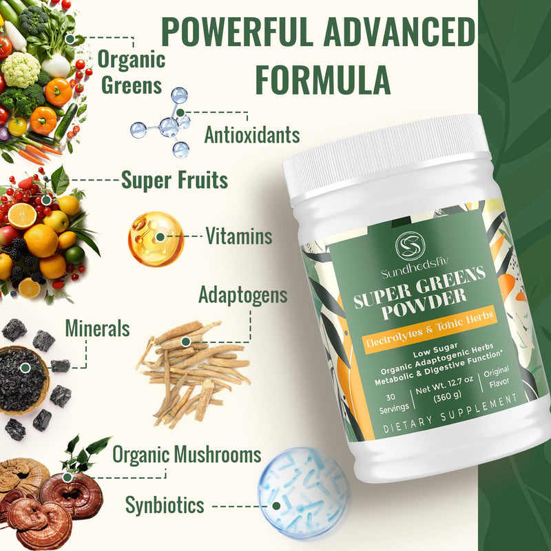 [Australia] - Super Greens Powder Superfood + Electrolytes & Tonic Herbs | Organic Greens, Shilajit, Adaptogens, Antioxidants, Preobiotic & Probiotic & Postbiotic| for Energy, Gut & Immune| Unflavored - 30 Servings 12.7 Ounce (Pack of 1) 