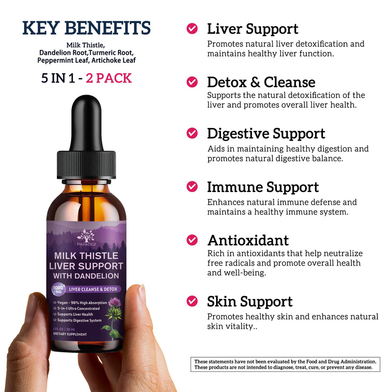 [Australia] - (2 Pack) Milk Thistle Liquid Drops Silymarin 1000mg, Liver Supplement Detox & Cleanse with Dandelion & Artichoke, Milk Thistle Organic Extract for Support Repair Liver Health, Vegan, Non-GMO, 1 Fl Oz 1 Fl Oz (Pack of 2) 