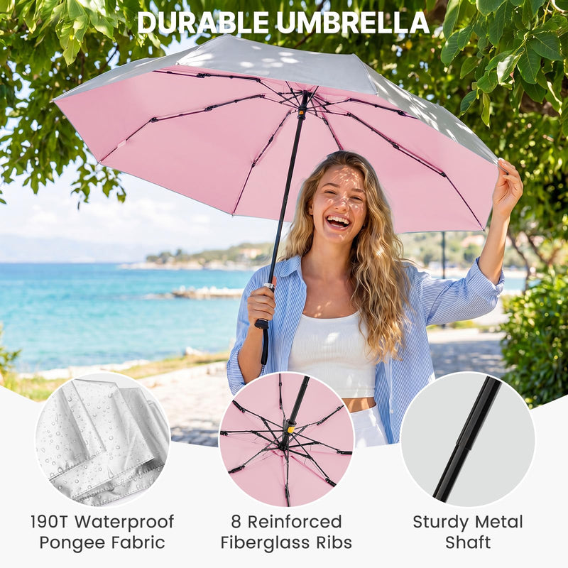 G4Free 46" Windproof Travel Umbrella with Large Wooden Handle + Mini Travel Umbrella with Retractable Handle