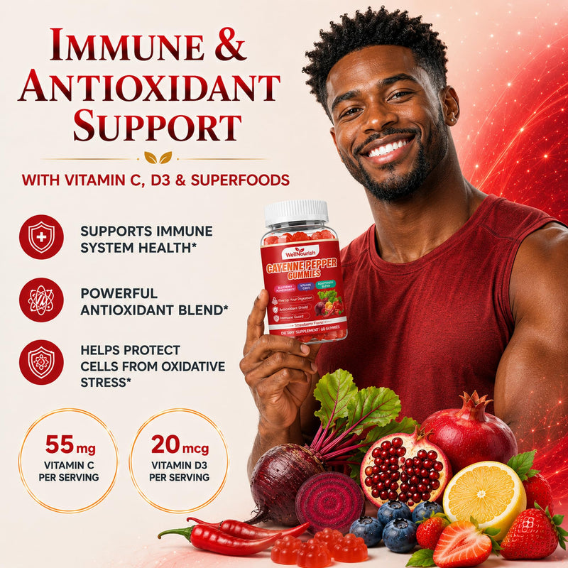 Cayenne Pepper Gummies with Vitamin C and D3, 60 Count | Sugar-free strawberry gummies with beetroot and adaptogen blend for circulation, digestive and immune support. 60 Count (Pack of 1)