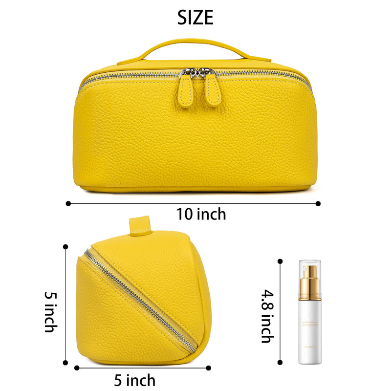 DORIS&JACKY Premium Leather Cosmetic Bag, Large Capacity Travel Makeup Case and Multi PocketsToiletry Storage Organizer with Divider and Tote Handle (4-Yellow) 4-Yellow