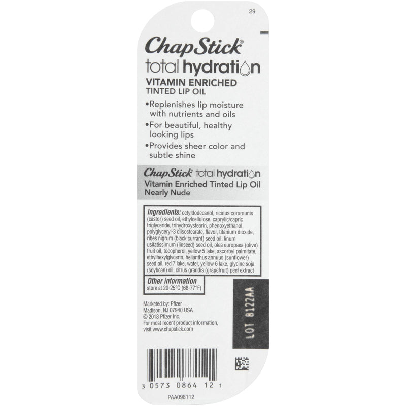 ChapStick Total Hydration Vitamin Enriched Tinted Lip Oil (Nearly Nude, 1 Tube), Vitamin C, Vitamin E, Contains Omega 3 6 9, 0.24 Ounce Peach Tea - Nearly Nude