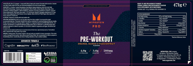 Myprotein THE Pre-Workout Powder | Advanced Pre Workout with 200mg Caffeine, Creatine & Nootropics | Boosts Energy, Focus, Endurance & Performance (30 Servings, Orange Mango Passionfruit) 30 Servings