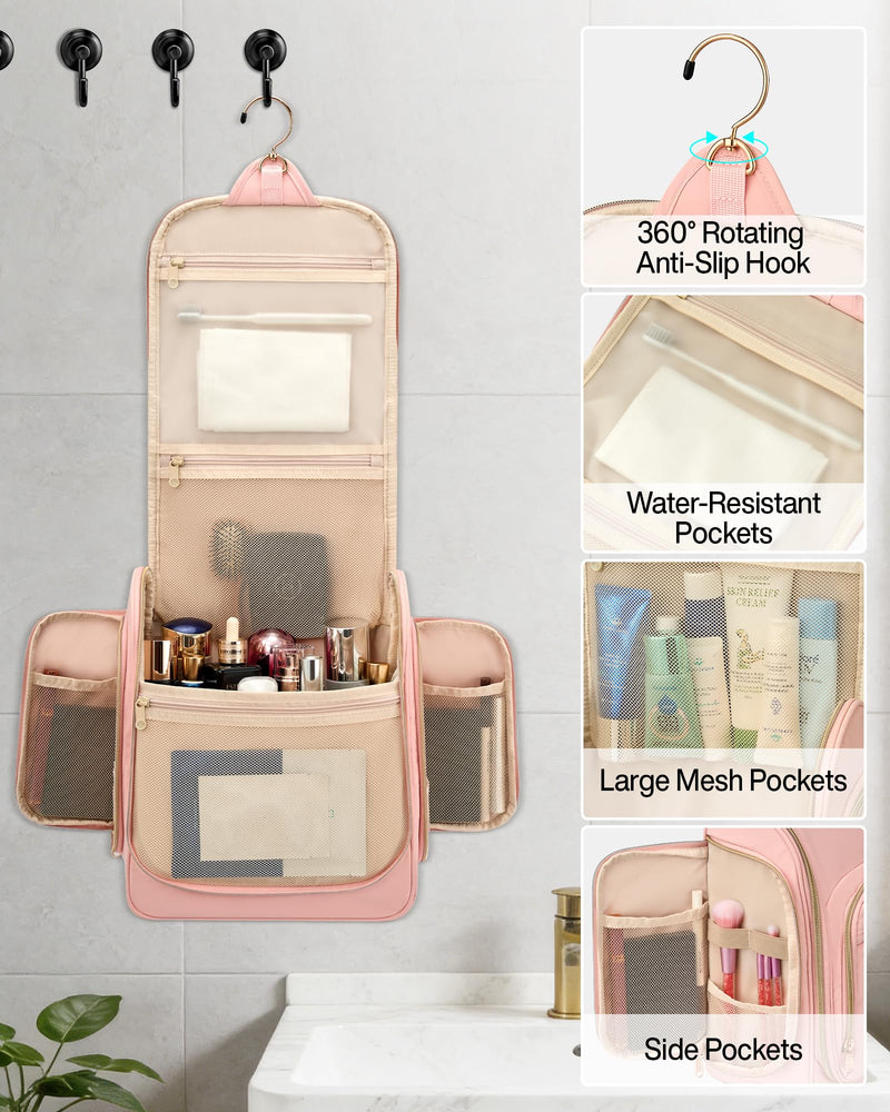 Hanke Hanging Travel Toiletry Bag for Men and Women, Water-Resistant Toiletries Bag Makeup Organizer with Hook, Cosmetic Bag for Bathroom & Travel Essentials Accessories, Pink