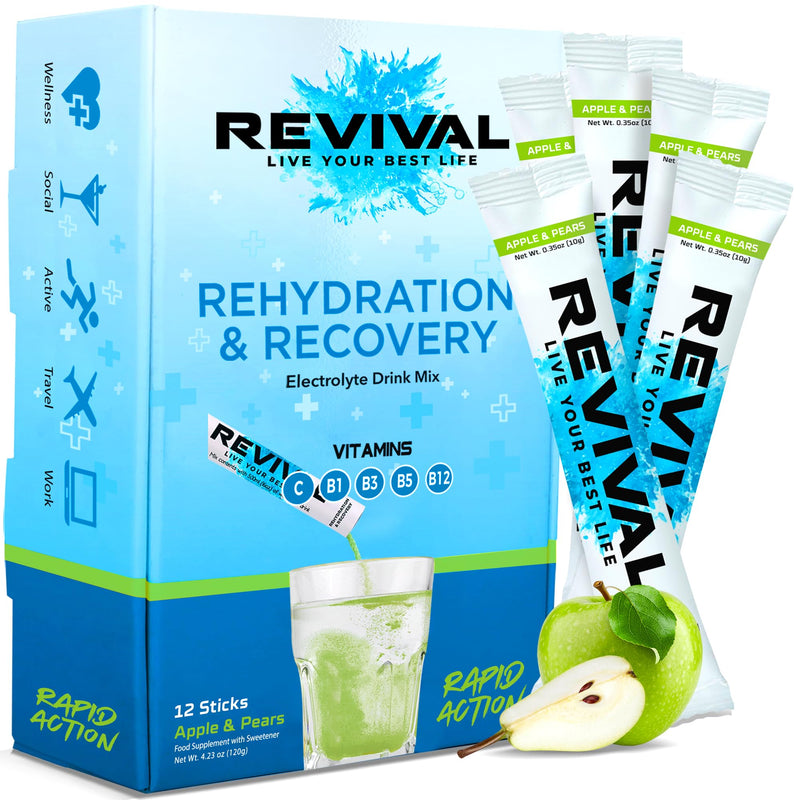 Revival Rapid Rehydration Sachets Electrolytes Powder High Strength Vitamin C, B1, B3, B5, B12 Supplement Sachet Energy Drink, Effervescent Electrolyte Hydration Tablets 12 Pack Apple Pear Flavours 12 Servings (Pack of 1) Apple & Pears