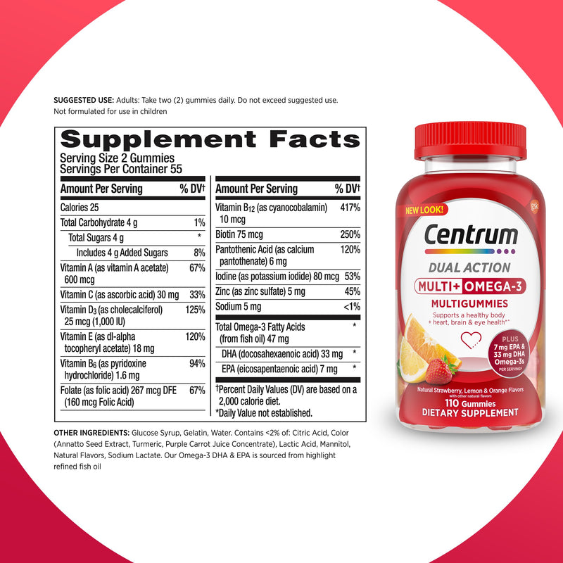 Centrum MultiGummies Multi+ Omega 3, Assorted Fruit Flavors, 110 Count | Supports Heart Health, Normal Brain Function, Eye Health, Daily Energy Needs and Normal Immune Function, GLP-1 Support New 110 Count (Pack of 1)
