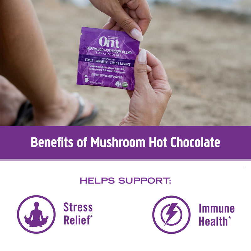 [Australia] - OM MUSHROOM SUPERFOOD Hot Chocolate Blend Mushroom Powder, 8.47 Ounce Canister, 30 Servings, Cocoa, 2g of Sugar, 25 Calories, Lion's Mane, Reishi, Chaga, Turkey Tail, Focus and Stress Support 8.47 Ounce (Pack of 1) 