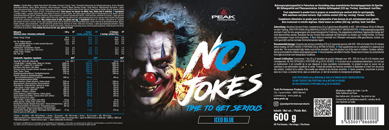 [Australia] - PEAK No Jokes - 600g flavor Iced Blue I 30 servings I Concentrated pre-workout booster with L-citrulline, L-arginine HCl, caffeine and beta alanine for pump and focus I vegan 