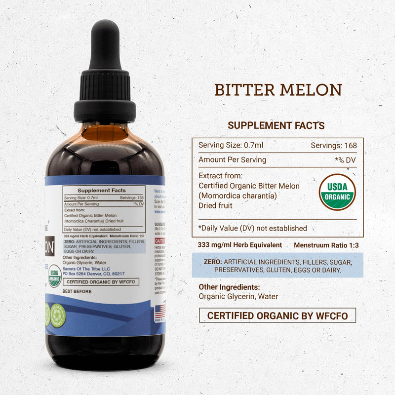 [Australia] - Secrets of the Tribe Bitter Melon USDA Organic | Alcohol-Free Extract, High-Potency Herbal Drops | Made from 100% Certified Organic Bitter Melon (Momordica Charantia) Dried Fruit 4 oz 4 Fl Oz (Pack of 1) 