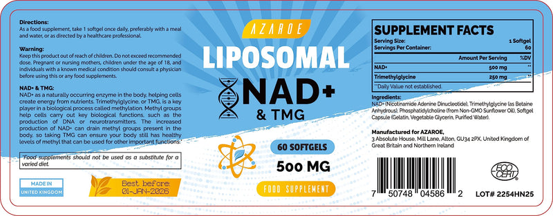 Liposomal NAD+ Softgels 500mg with TMG 250mg, More Efficient Than Nicotinamide Riboside, Supports Cellular Energy & Healthy Aging (60 Count (Pack of 1)) 60 count (Pack of 1)