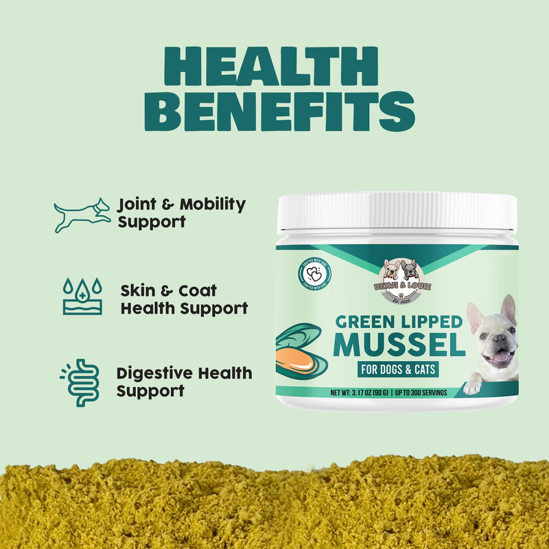 Benji & Louie Green Lipped Mussels Powder for Dogs and Cats 3.17 oz (90g) - 300 Servings - Sourced from USA - Rich in Omega-3 Fatty Acids for Joint, Skin & Coat Health, Made in USA - PawsPlanet Australia