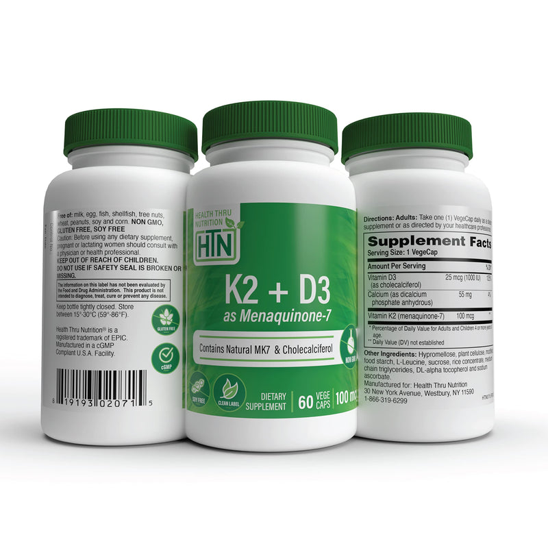 Advanced K2 (MenaQ7) (100mcg) with Vitamin D3 (1000 IU) 60 VegeCaps - The only Clinically Validated, Patented K2 on the market today plus 1000 IU of Vitamin D3 for optimal Heart and Bone Health Unflavored 1 Count (Pack of 1)