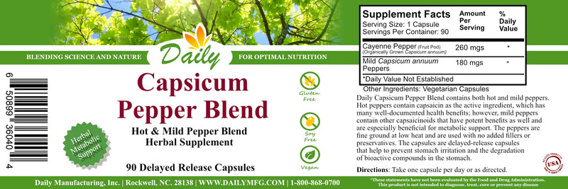 [Australia] - Daily Manufacturing Capsicum Pepper Blend (Capsicum Annuum is The active ingredient in Cayenne Pepper) 90 Delayed-Release Vegetarian Capsules 