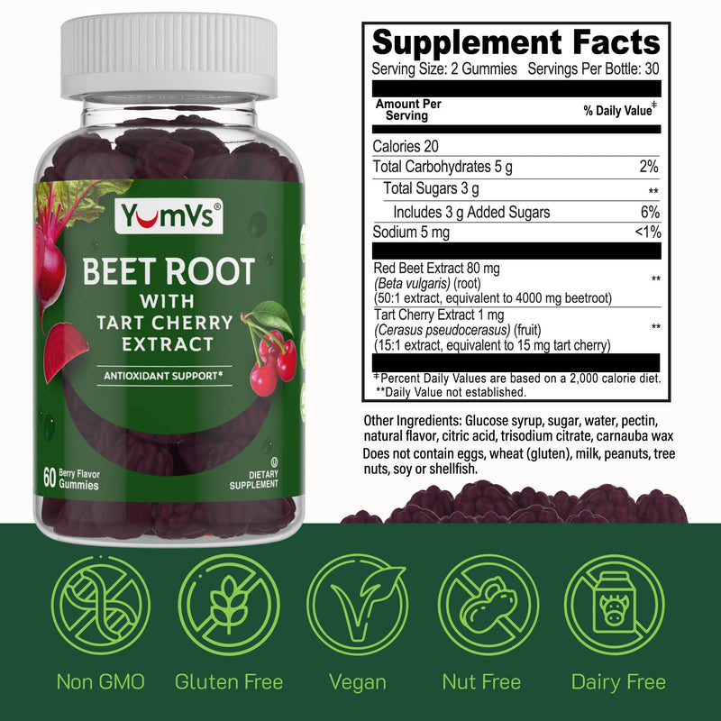[Australia] - YumVs Beet Root Gummies with Tart Cherry Extract - Berry Flavor Beetroot Gummies - Beet Chews for Blood Circulation and Antioxidant Support - Red Beet Gummies (Berry 60 Count (Pack of 1)) Berry 60 Count (Pack of 1) 