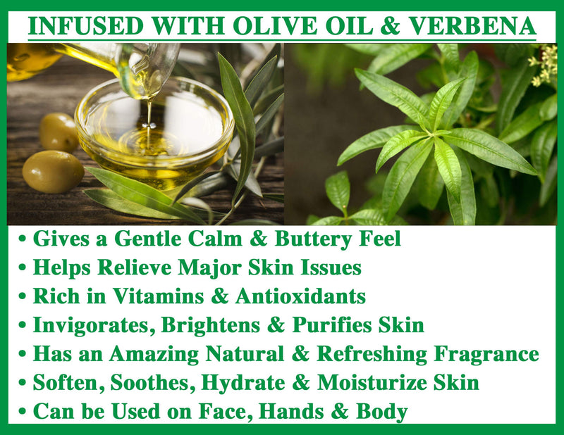 Olivia Care Verbena Bar Soap - Natural, Organic, Vegan - For Face, Hands & Body. Cold-Pressed Triple -Milled. Hydrating, Moisturizing. Rich in Calcium & Vitamins - 5 OZ