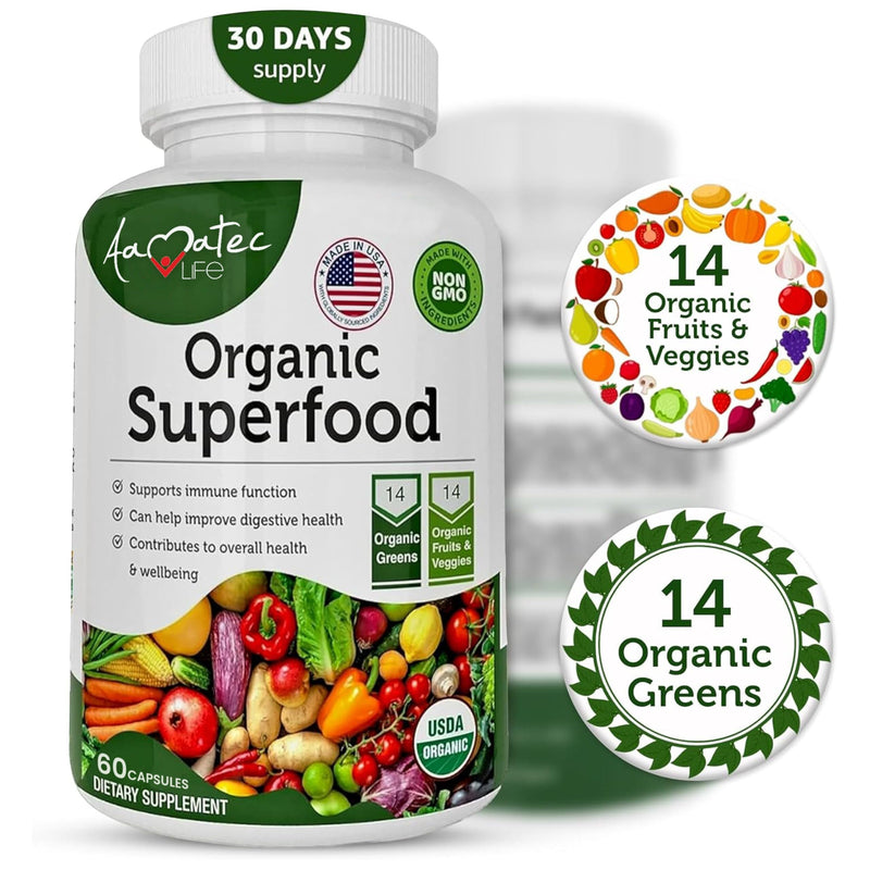 [Australia] - Organic Superfood Greens Fruits and Veggies Complex - Dietary Supplement with 14 Greens and 14 Fruits & Vegetables with Alfalfa Rich in Antioxidant Organic Ingredients Non-GMO 60 Capsules 60 Count (Pack of 1) 