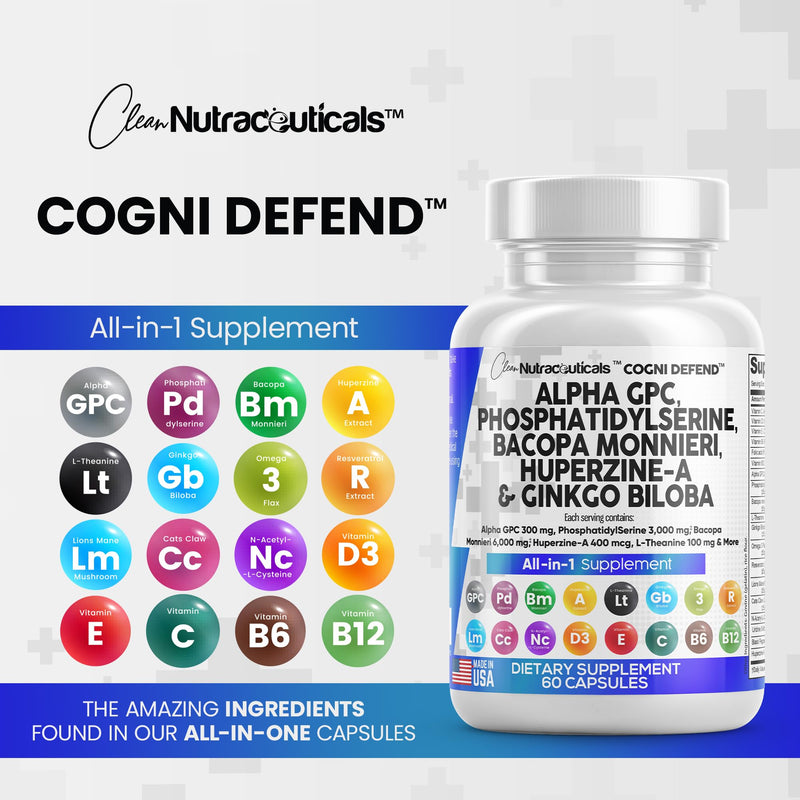 [Australia] - Clean Nutraceuticals Alpha GPC Choline 300mg Phosphatidylserine 3000mg Bacopa Monnieri 6000mg Ginkgo Biloba 2000mg Huperzine A 400mcg Supplement with Urdine Lions Mane Cats Claw NAC Vitamin C B D E 