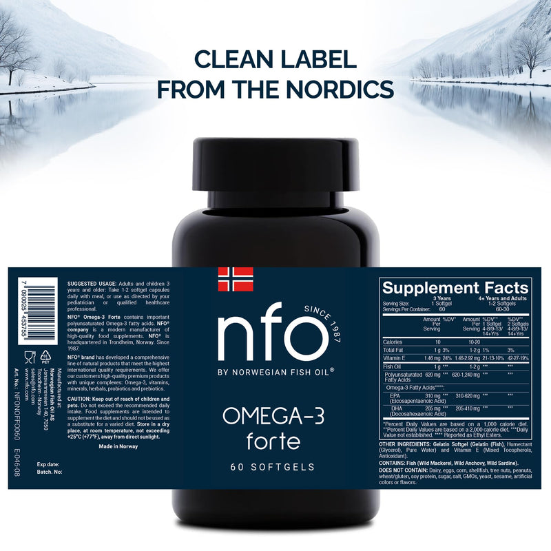 NFO Omega 3 Forte – 60 Capsules | High Strength Norwegian Fish Oil | EPA DHA with Vitamin E | Ethyl Ester Form | Fish Gelatine Capsule