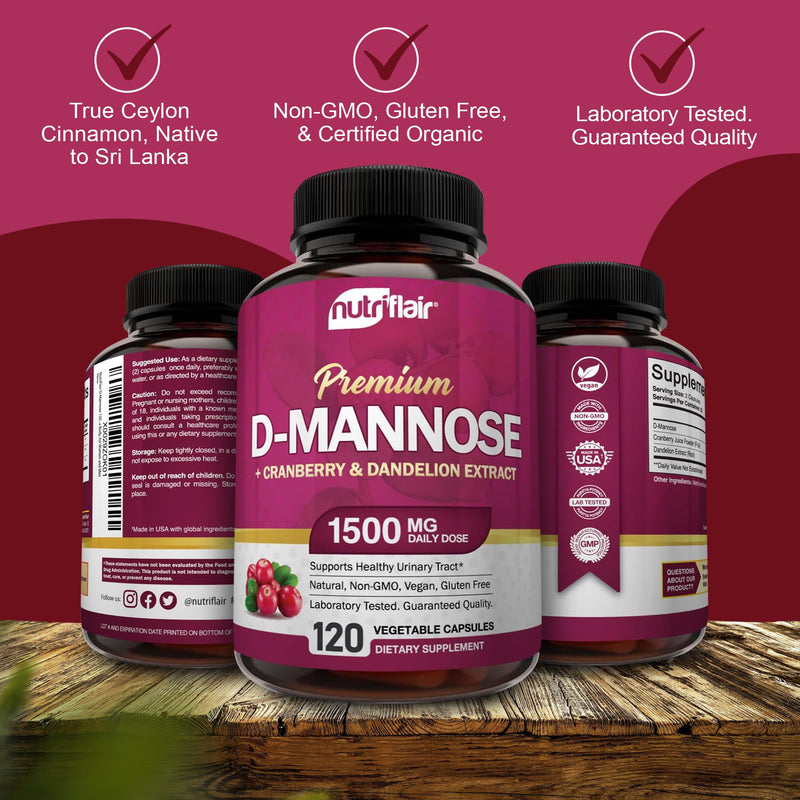 [Australia] - NutriFlair D-Mannose 1500mg, 120 Capsules - with Cranberry and Dandelion Extract - Natural Urinary Tract Health UTI Support - Best D Mannose Powder - Flush Impurities, Detox Body, for Women and Men 