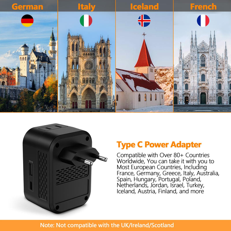 220V to 110V Voltage Converter US to Europe, Travel Adapter with PD 20W USB-C, 2 USB-A Ports, 2 US Outlets, Power Converter Plug for Spain Italy France Germany, Black-M